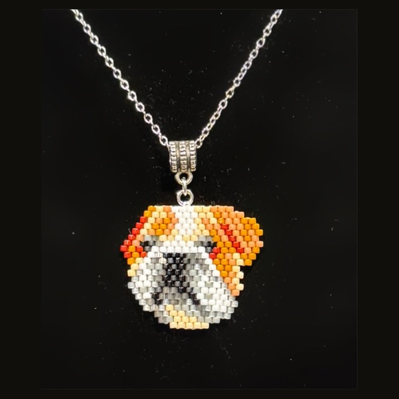 Hand Crafted Jewelry - Beaded Bulldog Pendant Necklace: Miyuki Delica Dog Portrait